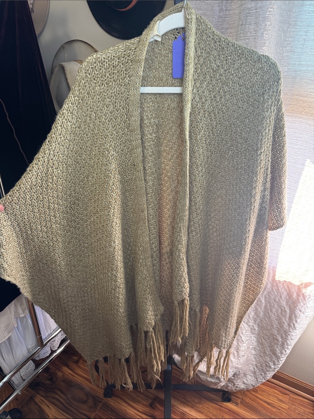 Francesca's Collections Open-Front Fringe Knit Poncho - Beige